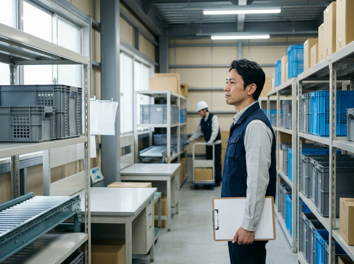 稼働中の作業レーンに人手が明らかに不足し、無人の作業台が目立つ中、管理者が人員表を見て困っている物流センターの写真風イラスト