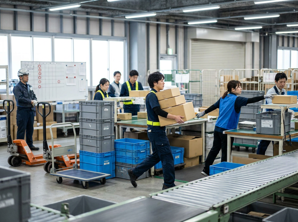 シフト表に複数の欠勤の赤マークがあり、コンベアレーンが混雑し、残った作業者が複数工程を兼務して慌てている物流センターの写真風イラスト