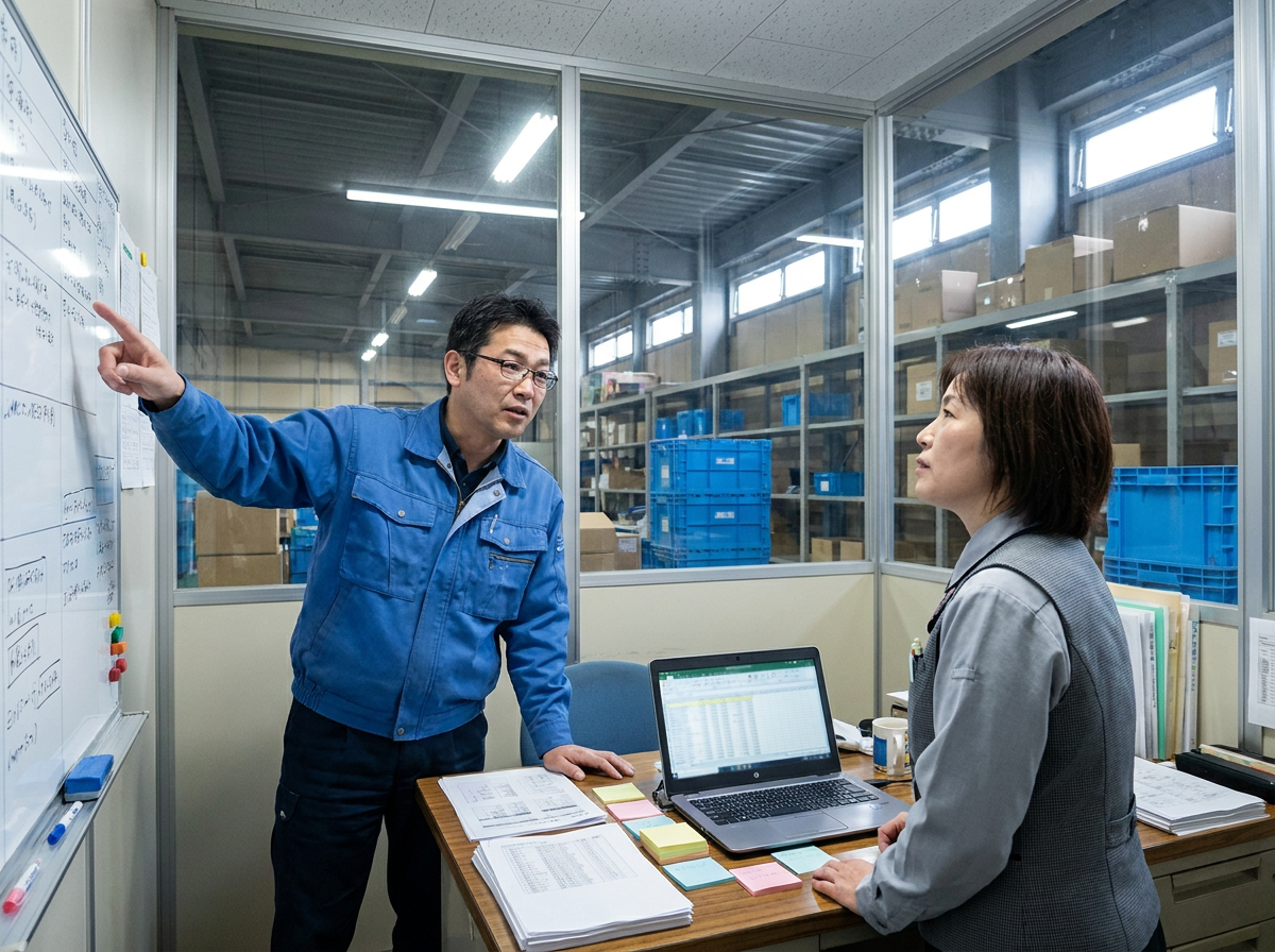 紙の指示書、手書きメモ、Excel画面、ホワイトボード、口頭指示が同時に存在し、作業者がどれを見ればいいか迷っている物流センターの写真風イラスト