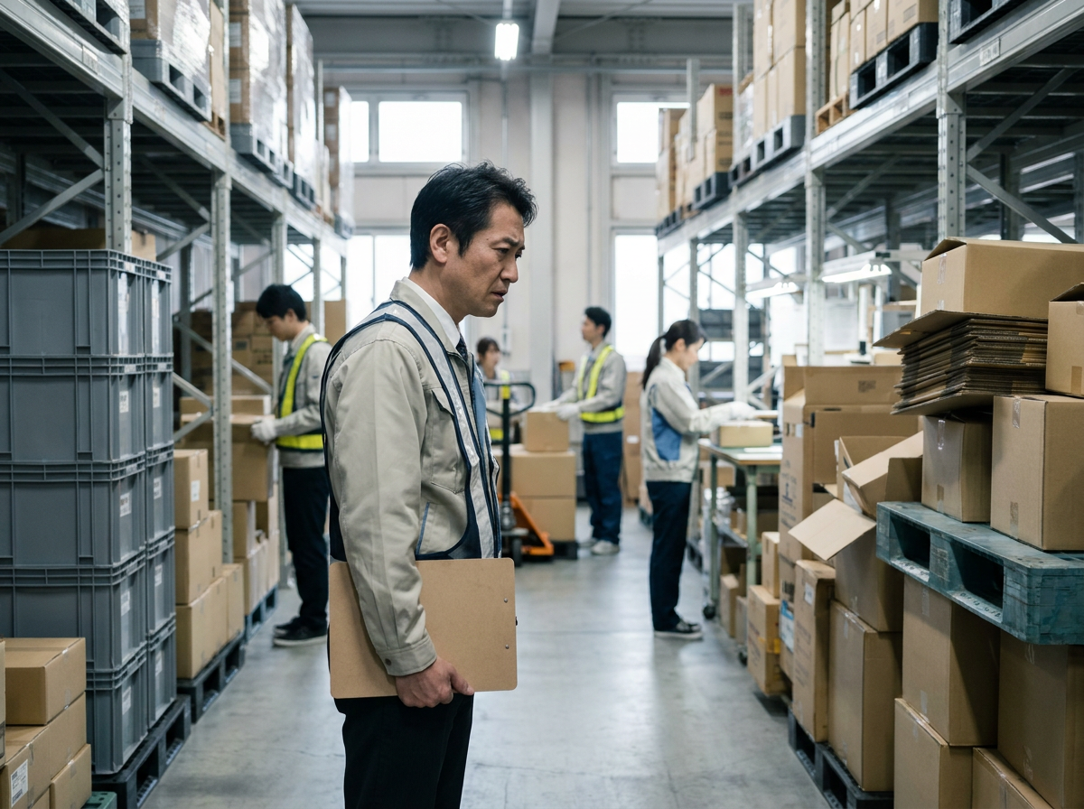 一部工程は完了し別工程に荷物が滞留する中、管理者が複数のボードやPCを見比べても遅れの原因を把握できていない物流センターの写真風イラスト
