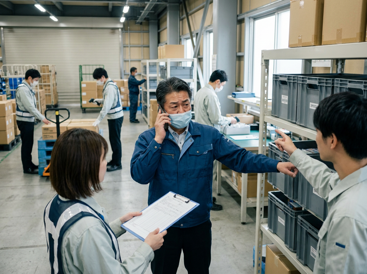 現場責任者が複数の作業者に同時に呼ばれ電話対応にも追われ、現場の中心にいなければ回らない状況を示す物流センターの写真風イラスト
