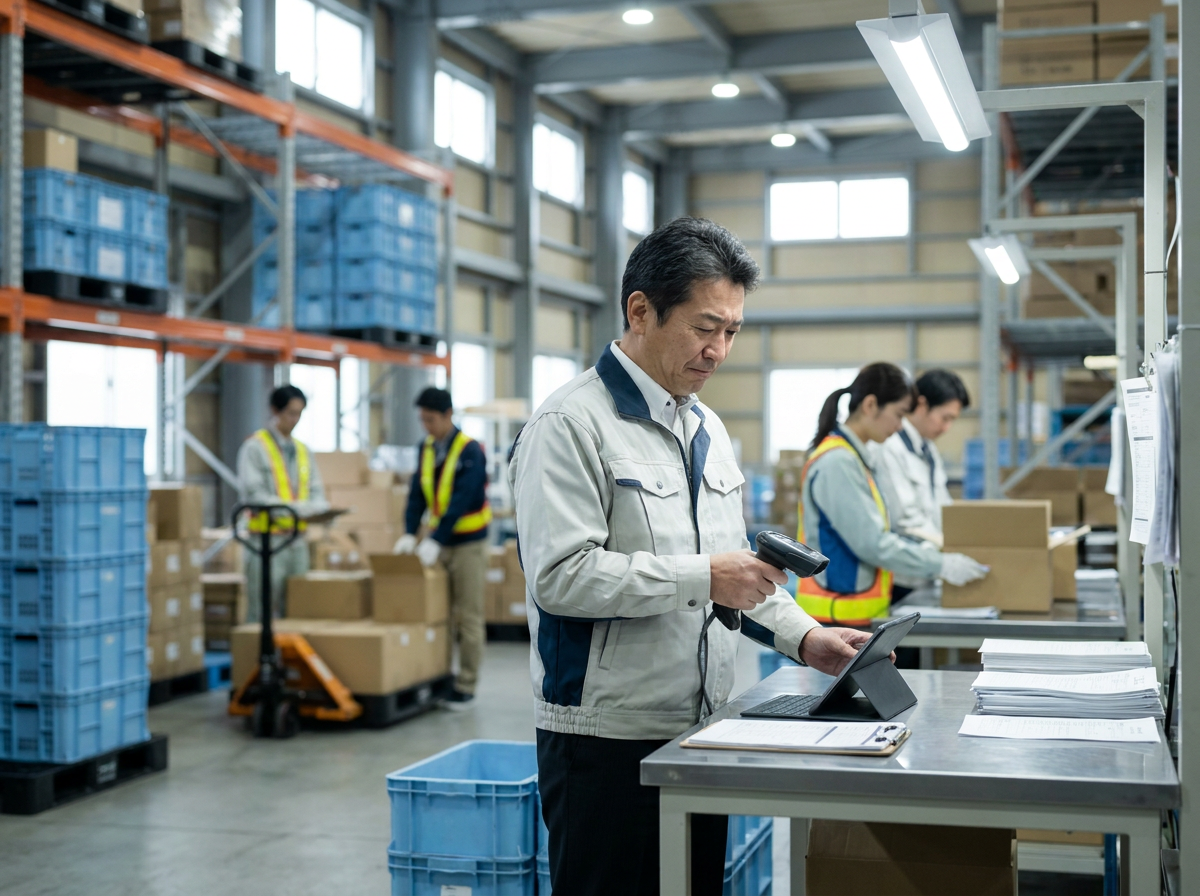 WMS・AI・AGV・カメラなど複数の選択肢を前に管理者が迷い、現場には紙運用も残っている物流センターの写真風イラスト