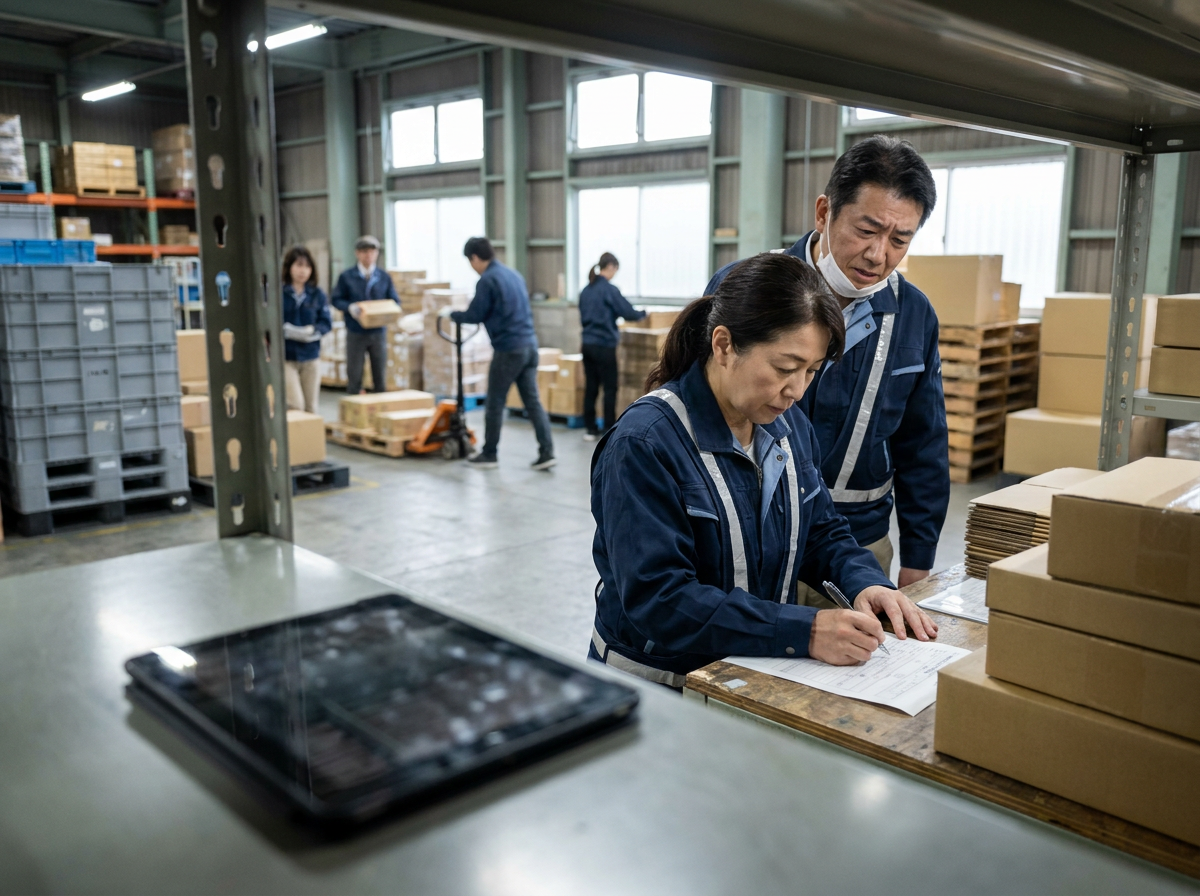 導入されたタブレットが現場の端で使われず、作業者は従来の紙や口頭指示で作業し、管理者が困っている物流センターの写真風イラスト