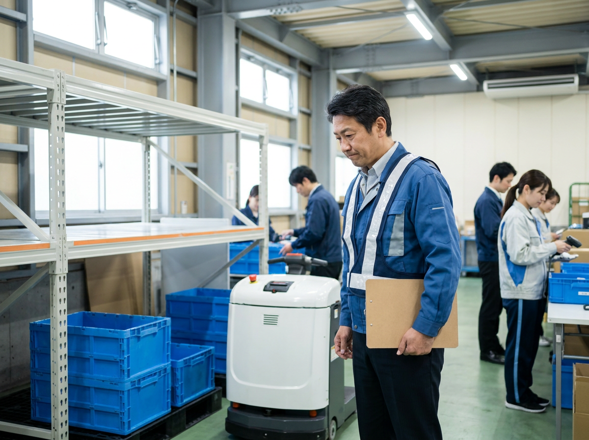AGVなど自動化設備の導入候補はあるが現場データが不足しており、責任者が機械設備の前で判断できずにいる物流センターの写真風イラスト