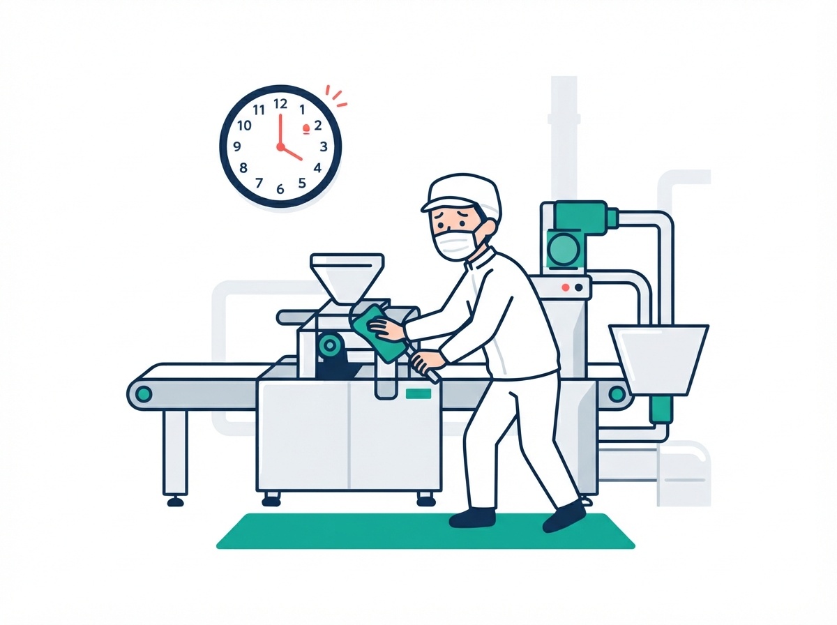時計を気にしながら製造後の限られた時間で清掃している様子を表したイラスト図解